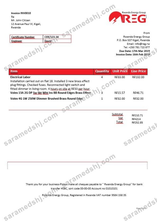 Rwanda Energy Group electricity bill in Word format